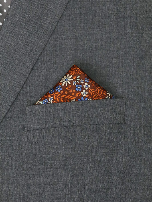 Heritage House 37787 Pocket Square - Floral - Brown/Pumpkin/Blue