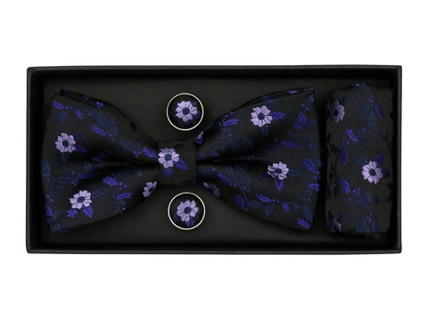 Image of Heritage House 38092 Young Men's Bow Tie Set - Floral - Black/Navy/Lilac