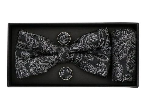 Image of Heritage House 38096 Young Men's Bow Tie Set - Paisley - Black/Grey