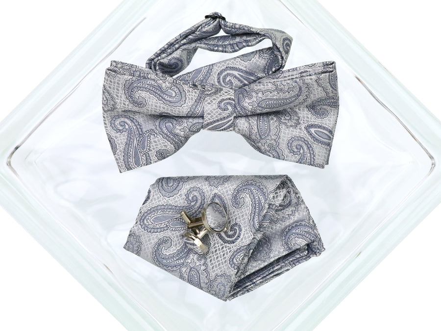 Heritage House 38097 Young Men's Bow Tie Set - Paisley - Blue/Grey/White