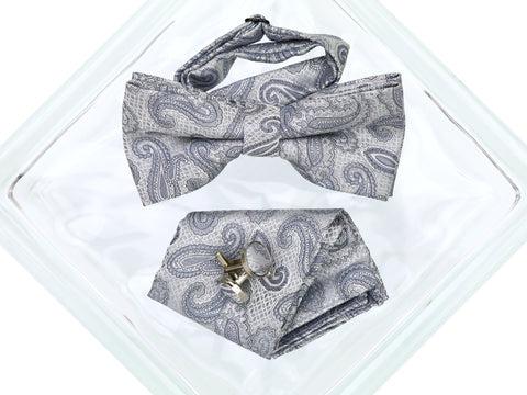 Image of Heritage House 38097 Young Men's Bow Tie Set - Paisley - Blue/Grey/White