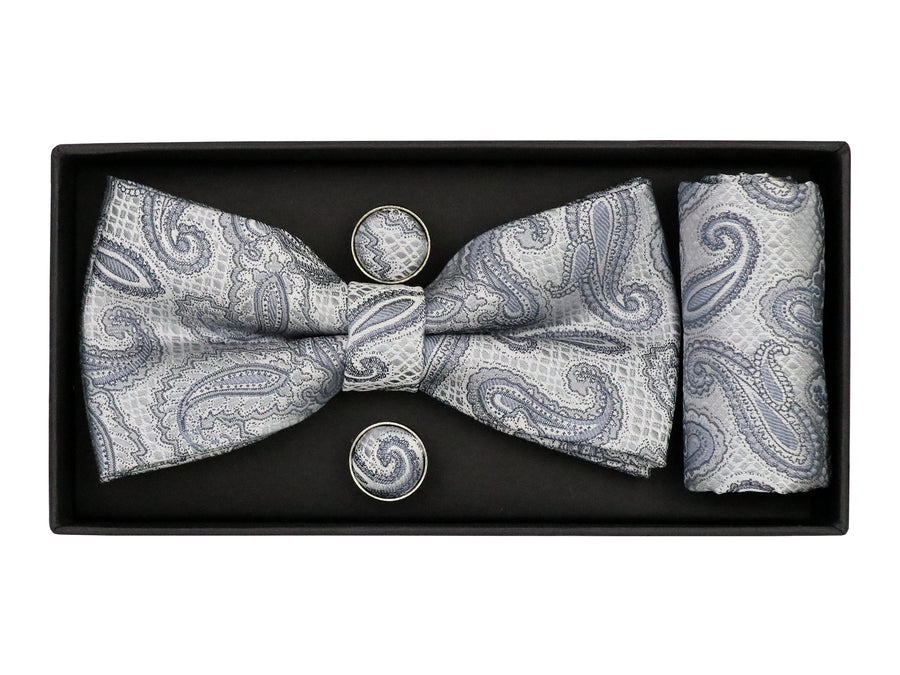 Heritage House 38097 Young Men's Bow Tie Set - Paisley - Blue/Grey/White