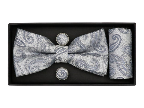 Image of Heritage House 38097 Young Men's Bow Tie Set - Paisley - Blue/Grey/White