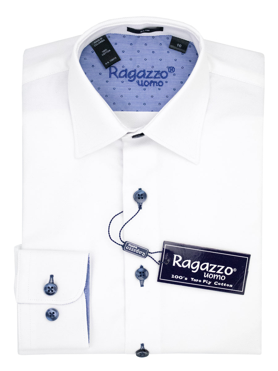 Ragazzo 38256 Boy's Dress Shirt - Diagonal Tonal Weave - Slim Fit - White/Blue