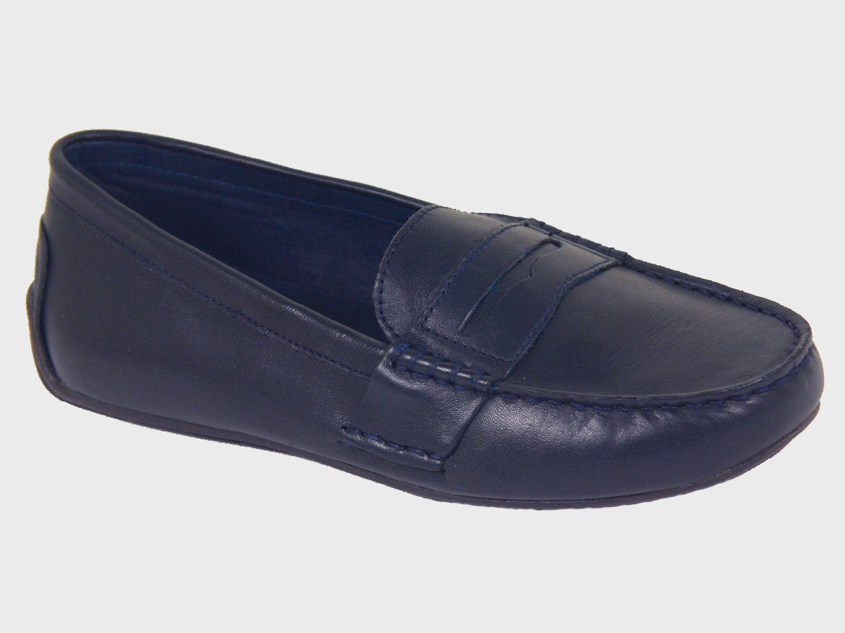 Polo 20074 100% Leather and Lining Boy's Loafer Shoes - Driving Penny - Navy, Top Stitching at the toe Boys Shoes Polo 