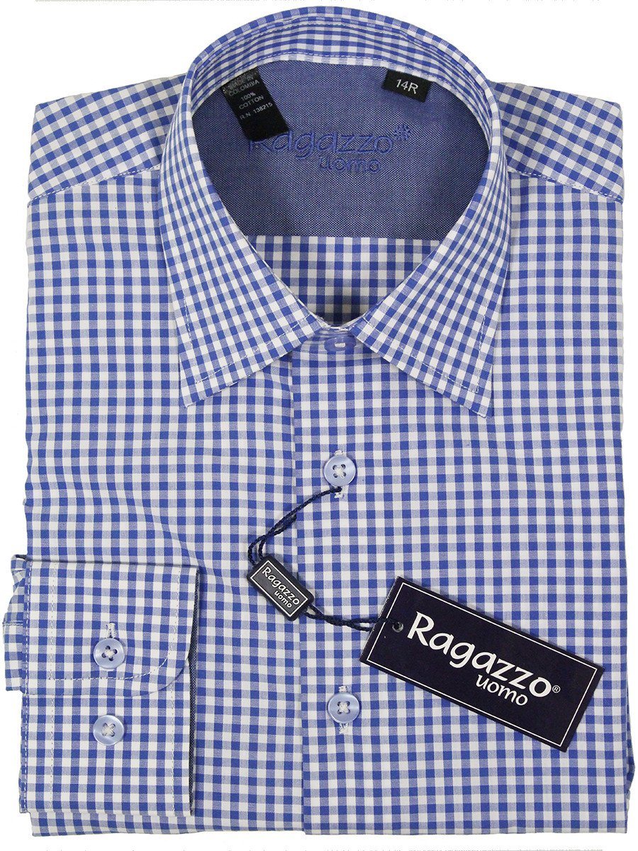Ragazzo 23385 100% Cotton Boy's Dress Shirt - Plaid - Blue And White Boys Dress Shirt Ragazzo 