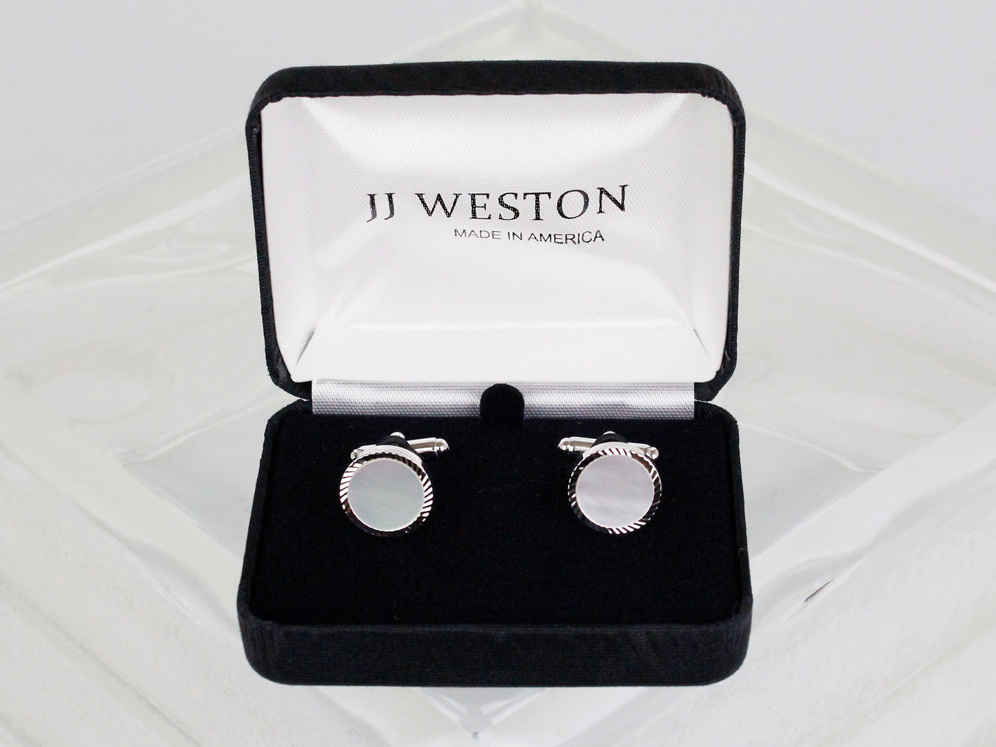 JJ WESTON 35374 - Diamond Cut Border Cufflinks - Mother of Pearl